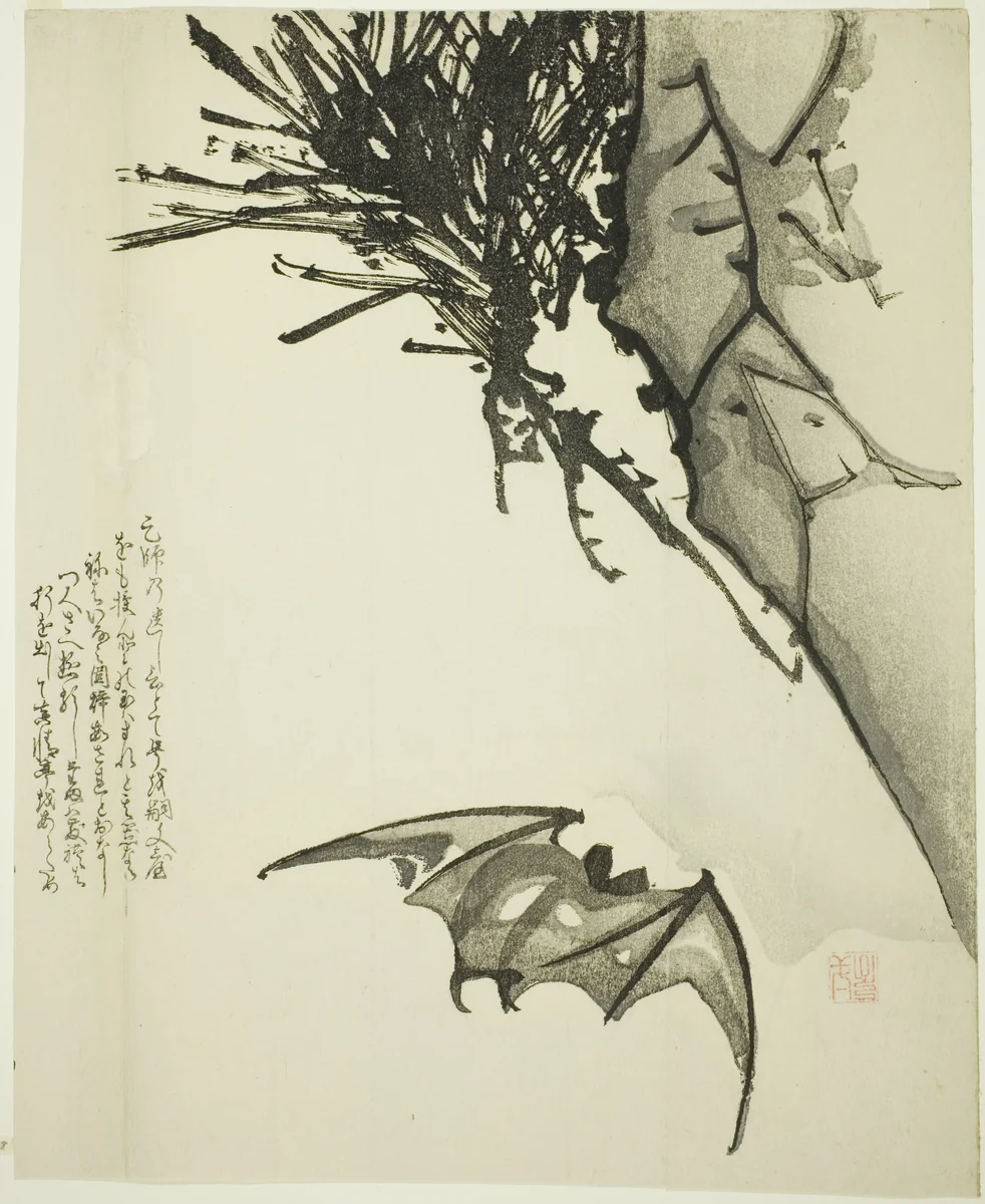 A Bat Flying near a Pine Tree by Isshō, print, 1801-1900