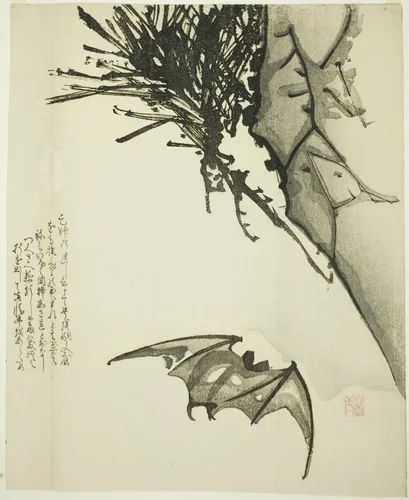 A Bat Flying near a Pine Tree by Isshō, print, 1801-1900