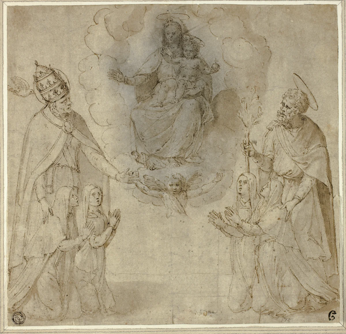 Virgin and Child before Saints Fabianus (or Gregory the Great) and Joseph by Unknown Artist, drawing, 1530-1550