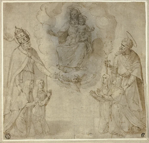 Virgin and Child before Saints Fabianus (or Gregory the Great) and Joseph by Unknown Artist, drawing, 1530-1550