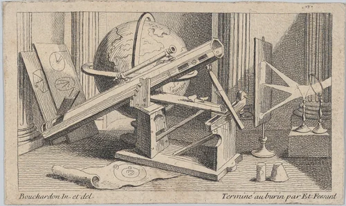 Globe with Mapping Instruments by Edme Bouchardon, print, 1700-1800
