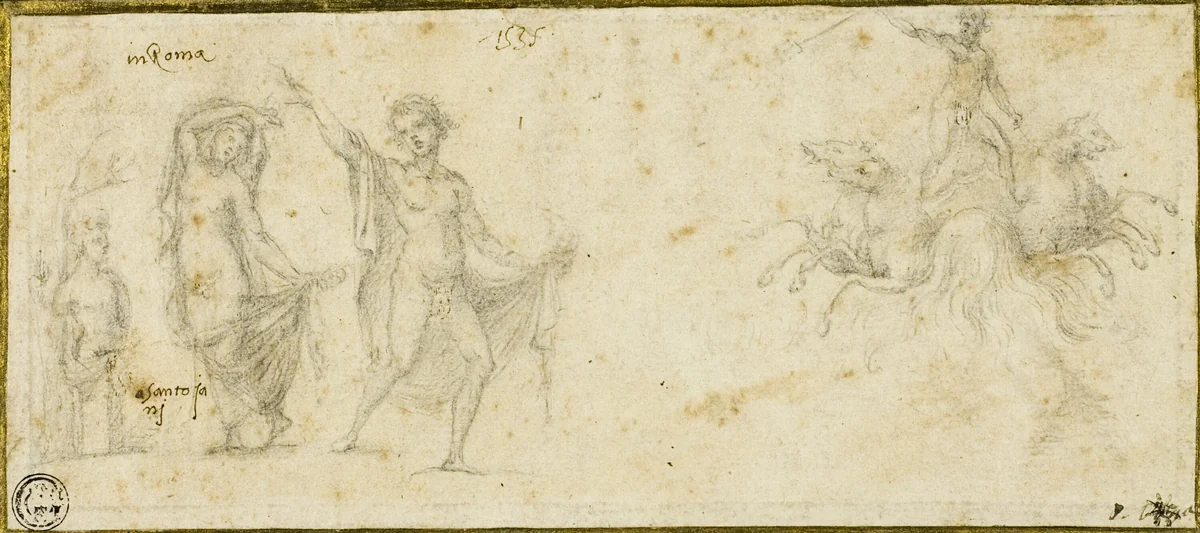 Sketches after the Antique: Bacchic Revels; Neptune in His Chariot by Pirro Ligorio, drawing, 1530-1540