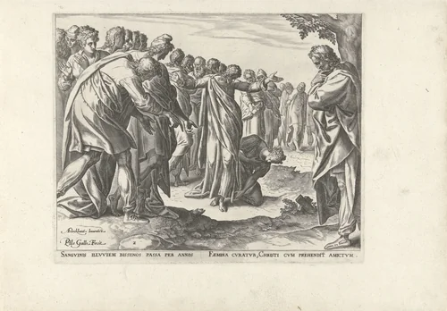 Christus geneest een vrouw met bloedverlies by Unknown, print, 1577-1579