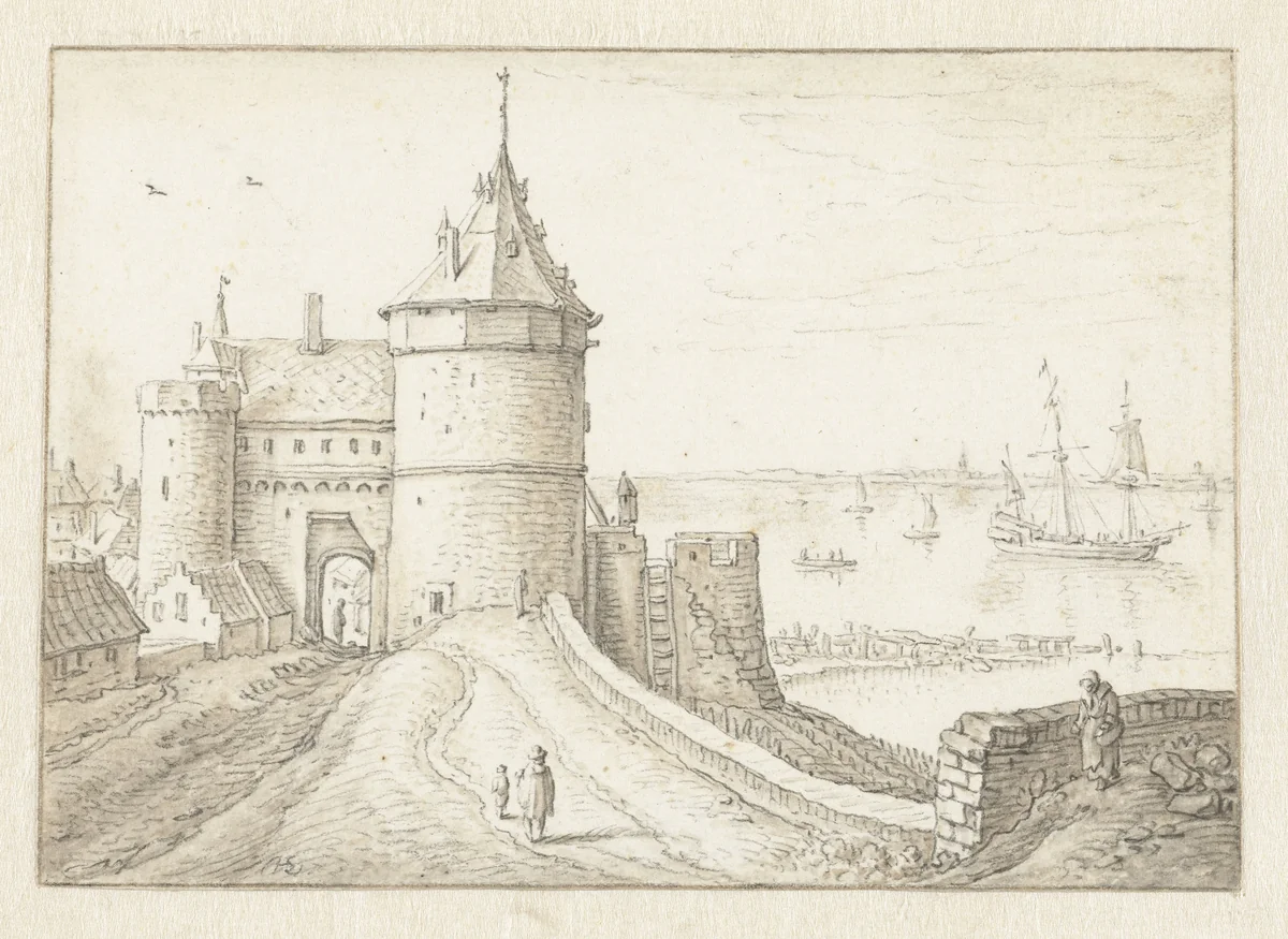 Stadspoort met uitzicht op zee by Herman Saftleven, drawing, 1619-1685