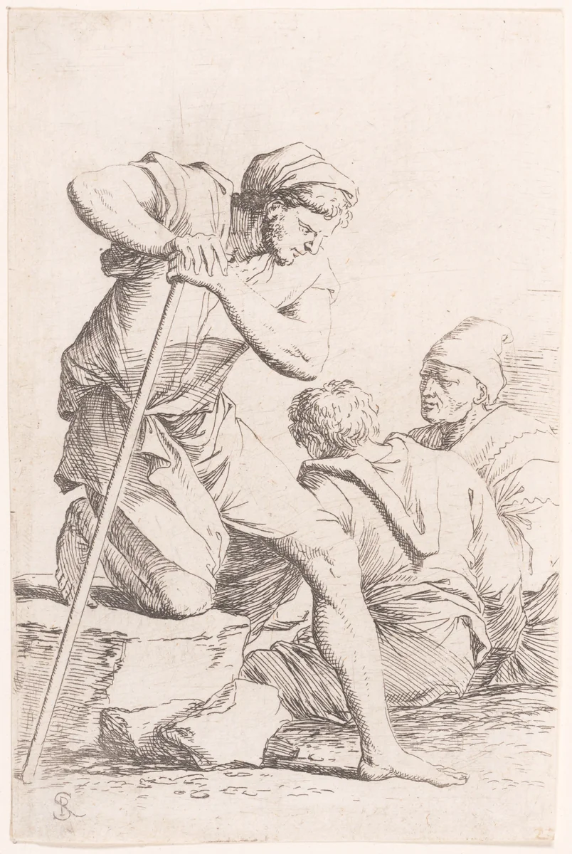 Two men sitting and another man holding a staff kneeling on a rock, from "Figurine" by Salvator Rosa, print, 1651-1661