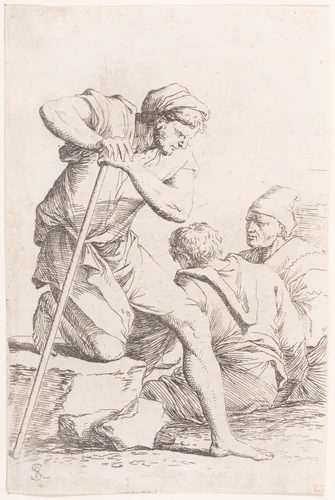 Two men sitting and another man holding a staff kneeling on a rock, from "Figurine" by Salvator Rosa, print, 1651-1661
