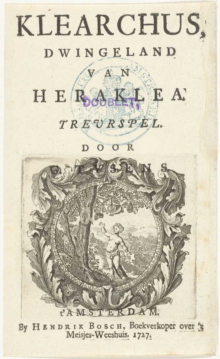 Titel en titelvignet met jongen bij boom met muziekinstrumenten by Hendrik Frans Volkert, print, 1727