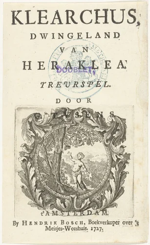 Titel en titelvignet met jongen bij boom met muziekinstrumenten by Hendrik Frans Volkert, print, 1727