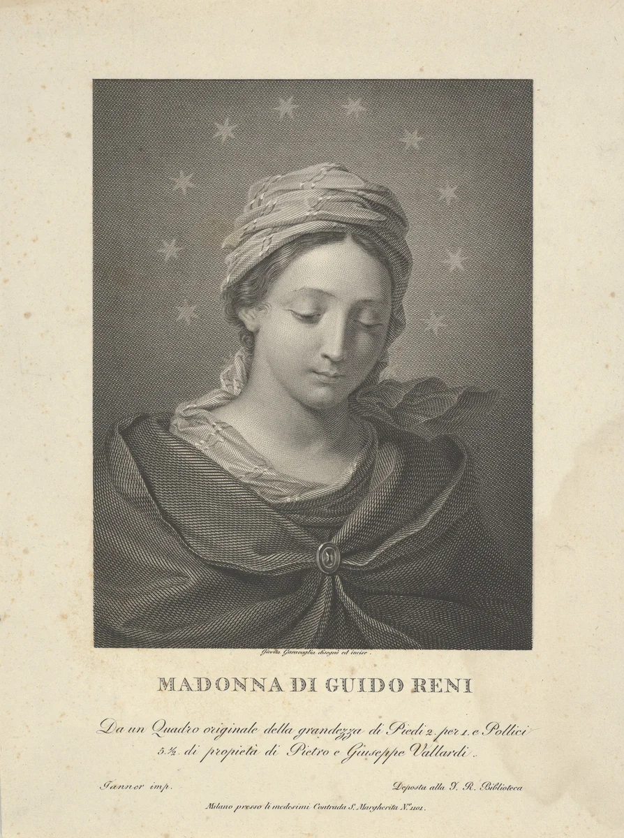 The Virgin in half length looking down, ten stars surrounding her head, after Reni by Giovita Garavaglia, print, 1810-1830