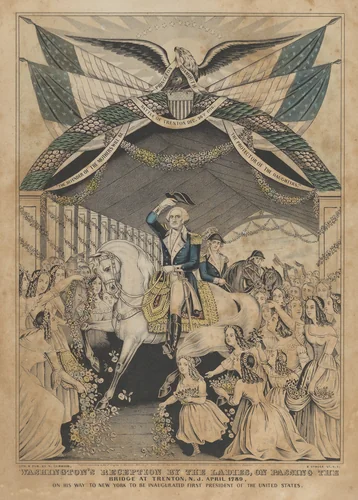 Washington's Reception by the Ladies on Passing the Bridge at Trenton, N.J., April 1789, on His Way to be Inaugurated First President of the United States by Nathaniel Currier, print, 1845