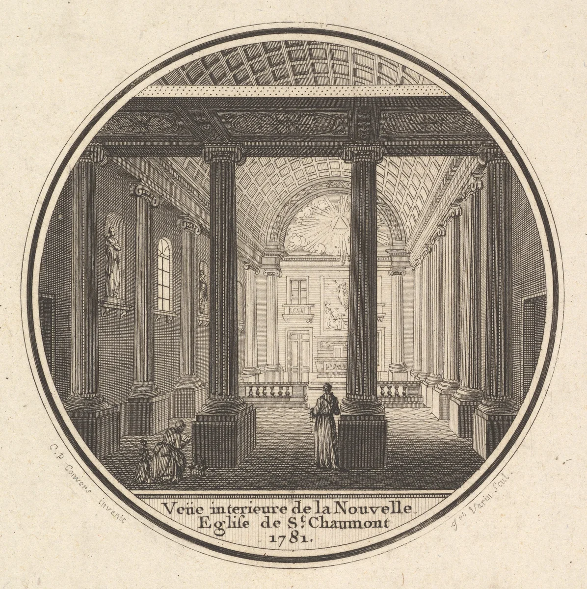 Print of the Reverse of the Portrait Medal of Fortunée-Marie d'Est, Princesse de Conti with an Interier View of the Church of Saint-Chaumont in Paris by Joseph Varin, print, 1781