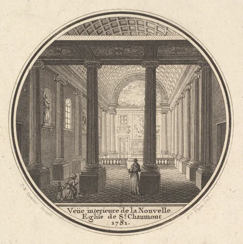 Print of the Reverse of the Portrait Medal of Fortunée-Marie d'Est, Princesse de Conti with an Interier View of the Church of Saint-Chaumont in Paris by Joseph Varin, print, 1781