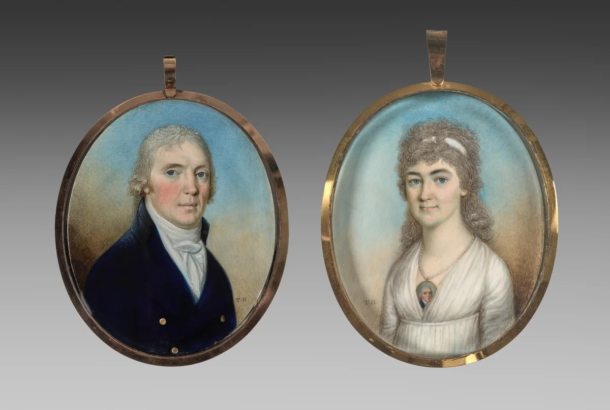 Pair of Miniatures: Portrait of a Man and Portrait of a Woman Wearing a Miniature by Thomas Hazlehurst, painting, 1775-1785