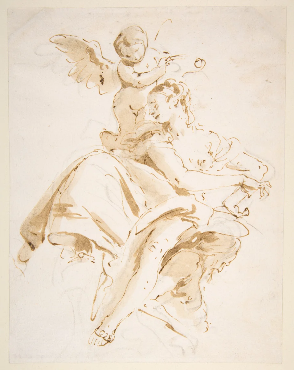 Winged Putto Crowning a Seated Woman Who Looks to the Left by Giovanni Battista Tiepolo, drawing, 1696-1770