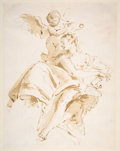 Winged Putto Crowning a Seated Woman Who Looks to the Left by Giovanni Battista Tiepolo, drawing, 1696-1770