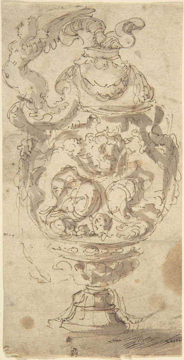 Design for a Jug with Winged-figure Handle by anonymous, drawing, 1550-1600