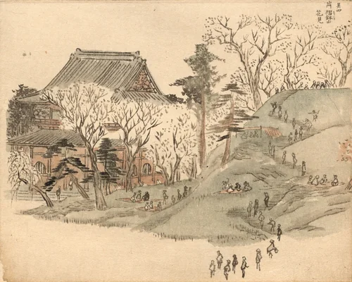 Cherry Blossom Viewing at the Temple on Mt. Suribachi after a Design in Volume 5 of Picture Book of the Souvenirs of Edo (Ehon Edo miyage) by Utagawa Hiroshige (歌川広重), drawing, 1850-1890