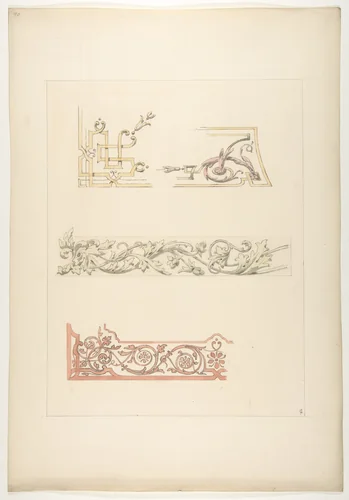 Three designs for decorative borders by Jules-Edmond-Charles Lachaise, drawing, 1830-1897