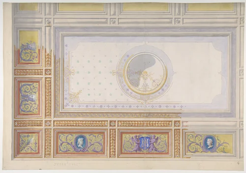 Ceiling Design for Bedroom of Duchesse de Newcastle, Hôtel of Madame Hope by Jules-Edmond-Charles Lachaise, drawing, 1862-1872