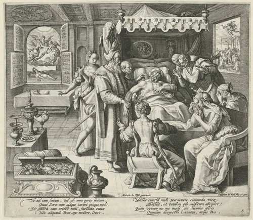 De dood van de rijke man by Unknown, print, 1589-1611
