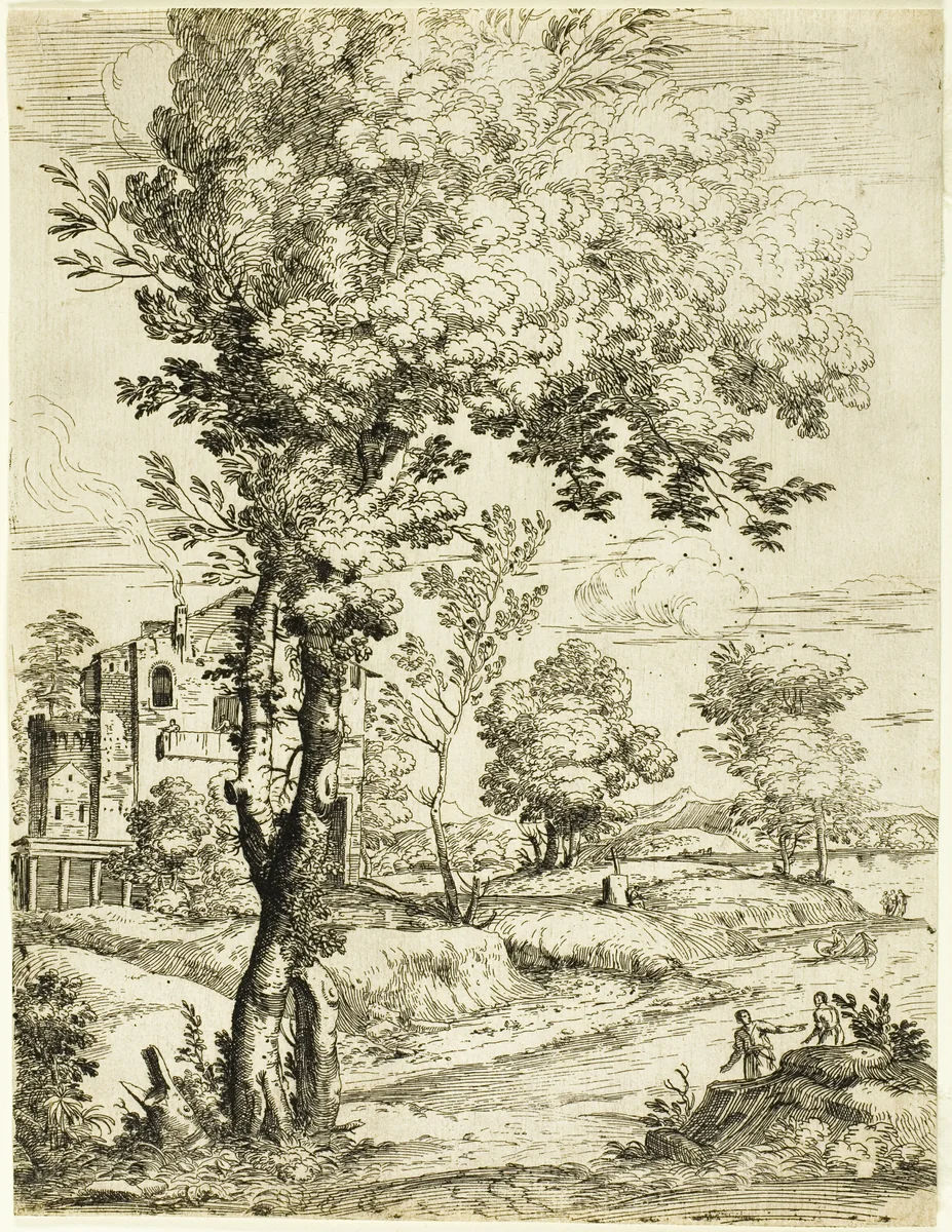 Landscape with a House by Giovanni Francesco Grimaldi, print, 1626-1680