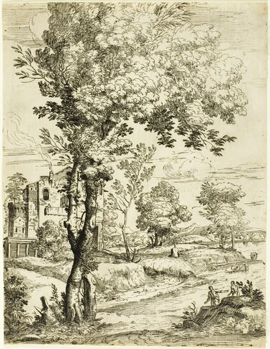 Landscape with a House by Giovanni Francesco Grimaldi, print, 1626-1680