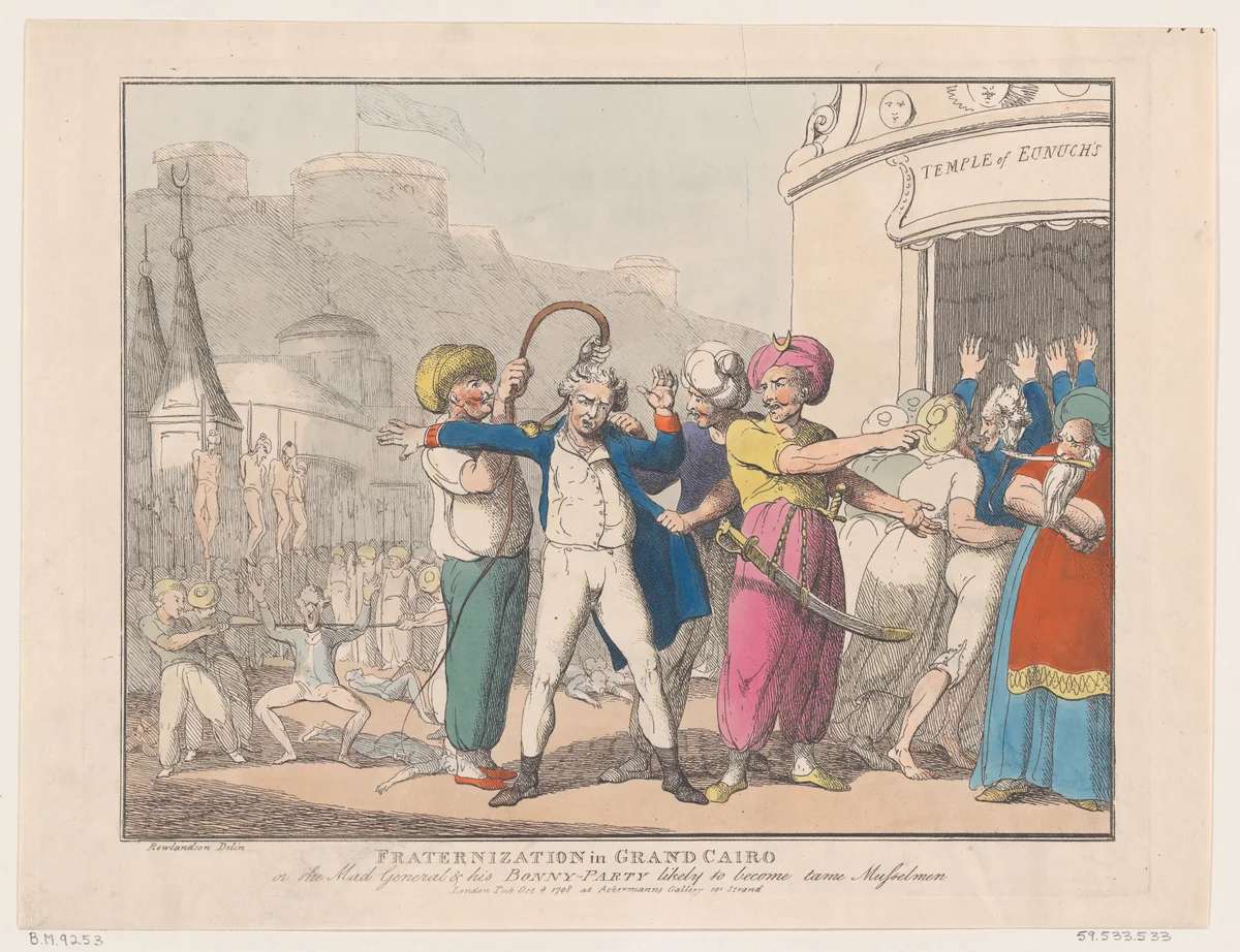 Fraternization in Grand Cairo, or The Made General & his Bonny Party Likely to Become Tame Musselmen by Thomas Rowlandson, print, 1798
