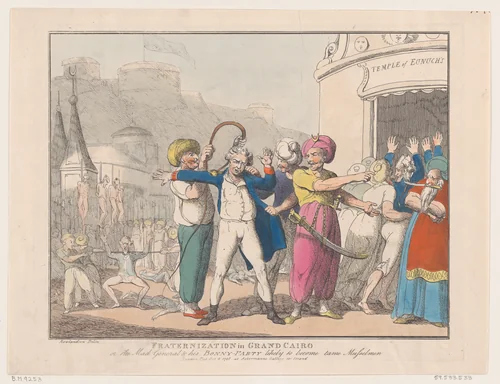 Fraternization in Grand Cairo, or The Made General & his Bonny Party Likely to Become Tame Musselmen by Thomas Rowlandson, print, 1798