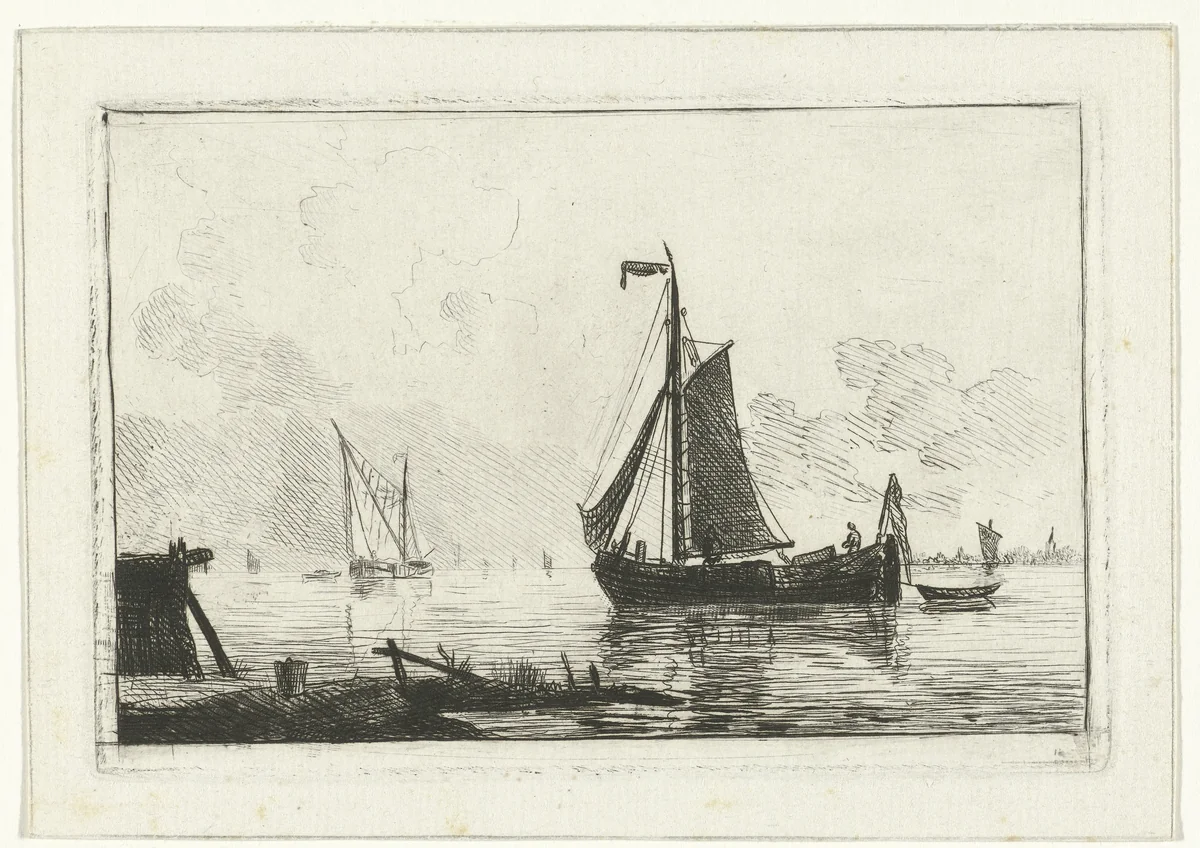Riviergezicht met zeilschip by Willem Gruyter jr., print, 1832-1880