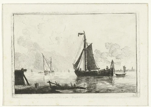 Riviergezicht met zeilschip by Willem Gruyter jr., print, 1832-1880