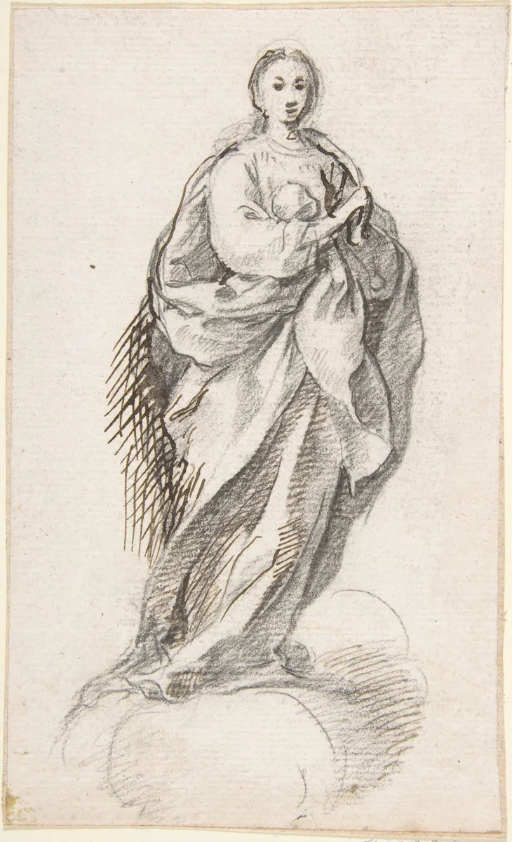 Virgin of the Immaculate Conception Standing on Clouds by Pedro Duque Cornejo, drawing, 1695-1755