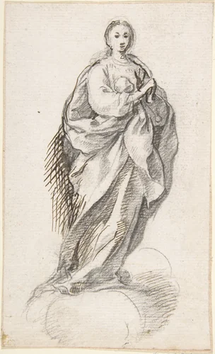 Virgin of the Immaculate Conception Standing on Clouds by Pedro Duque Cornejo, drawing, 1695-1755
