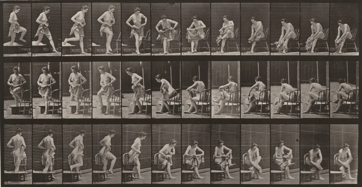Plate Number 410. Stepping out of a bathtub, sitting and wiping feet by Eadweard Muybridge, photograph, 1887