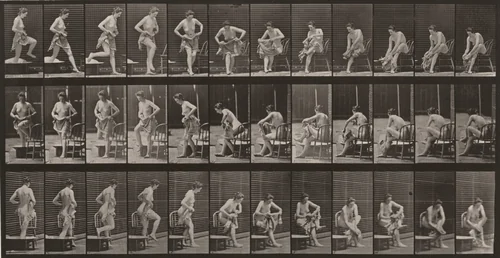 Plate Number 410. Stepping out of a bathtub, sitting and wiping feet by Eadweard Muybridge, photograph, 1887