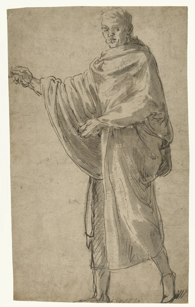 Staande man in toga, naar links met opgeheven rechterarm by Lambert Lombard, drawing, 1516-1566