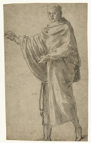 Staande man in toga, naar links met opgeheven rechterarm by Lambert Lombard, drawing, 1516-1566