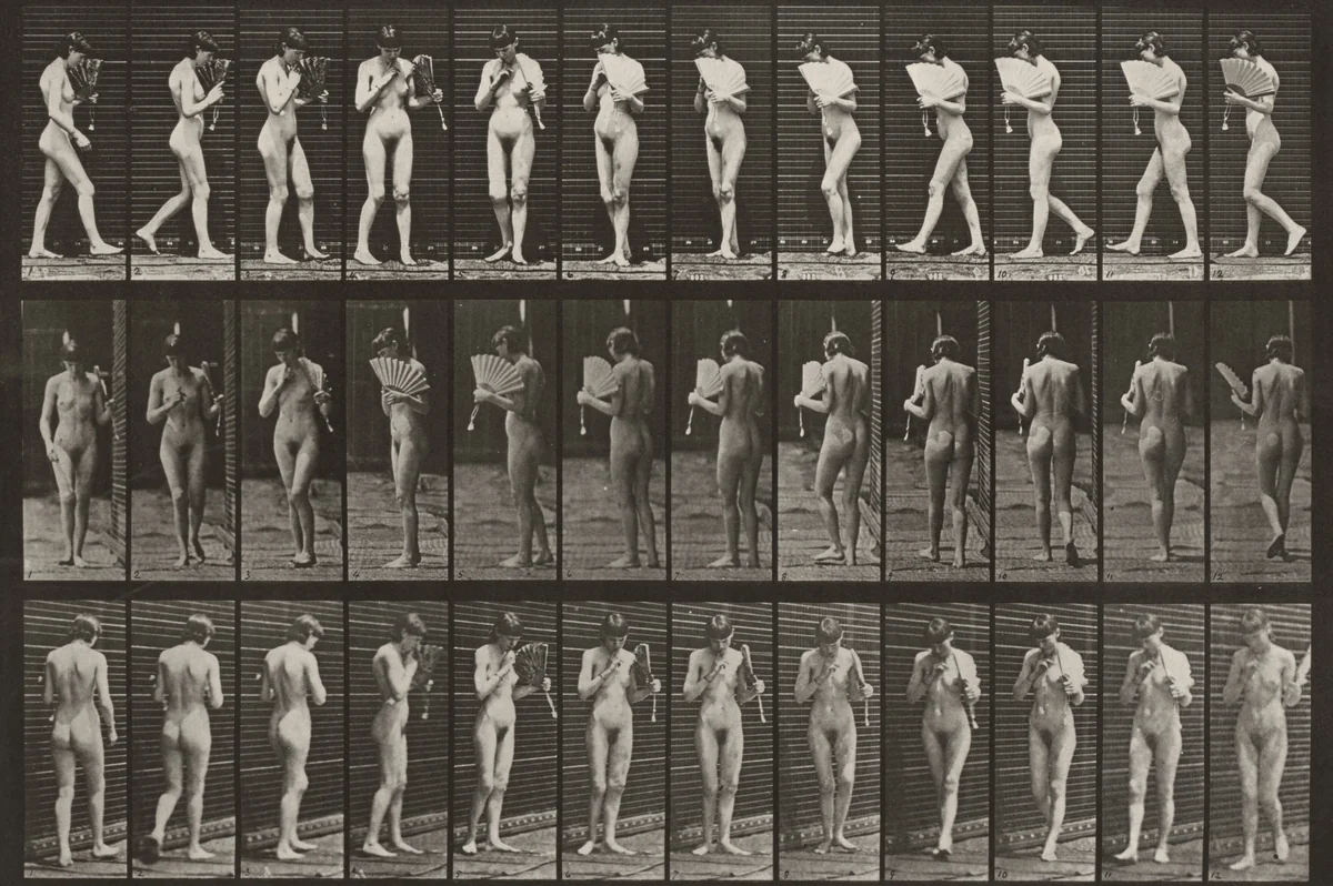 Plate Number 46. Walking, flirting a fan and turning around by Eadweard Muybridge, photograph, 1887