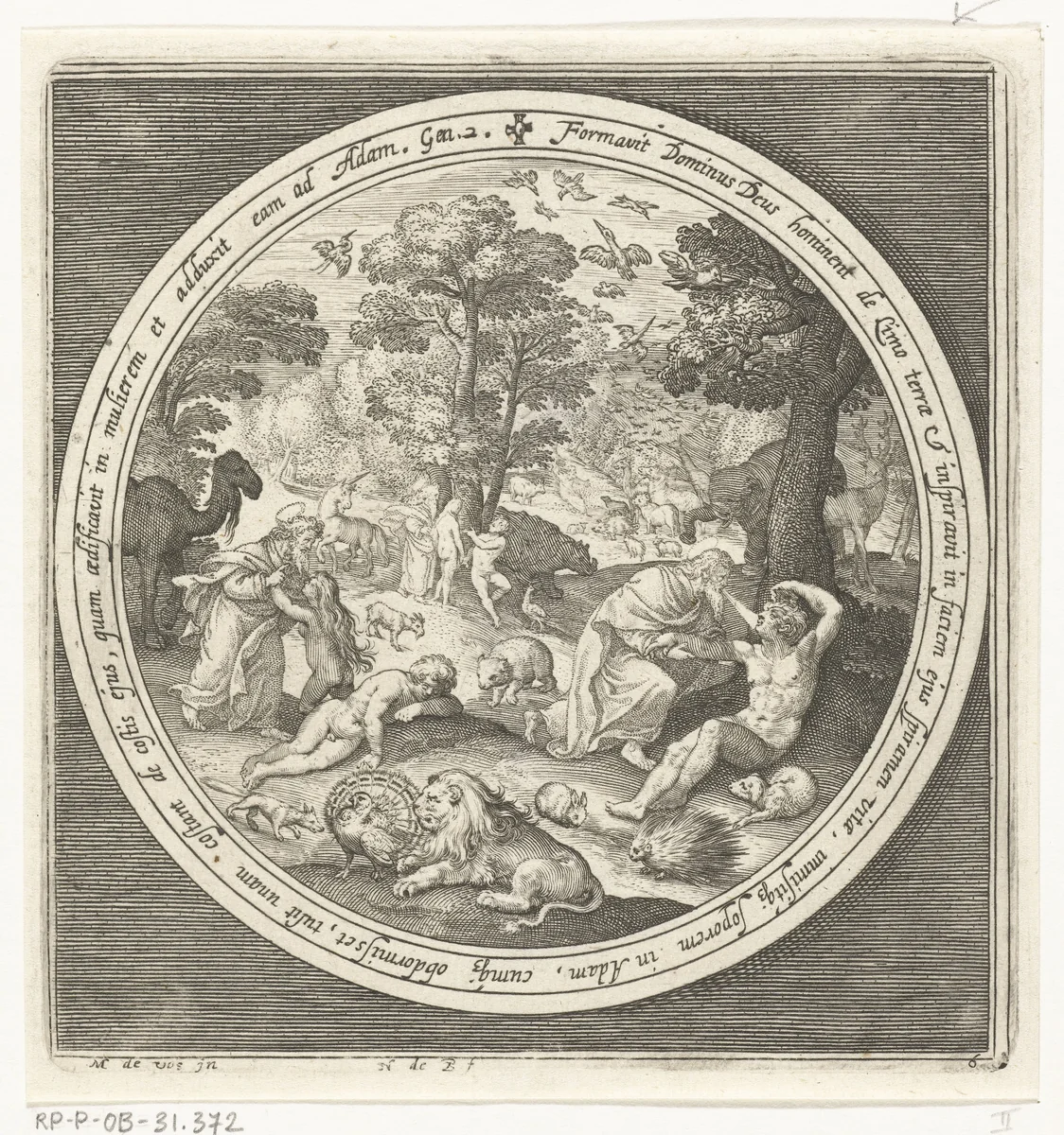 Zesde dag van schepping: God schept de dieren en Adam en Eva by Unknown, print, 1581-1656