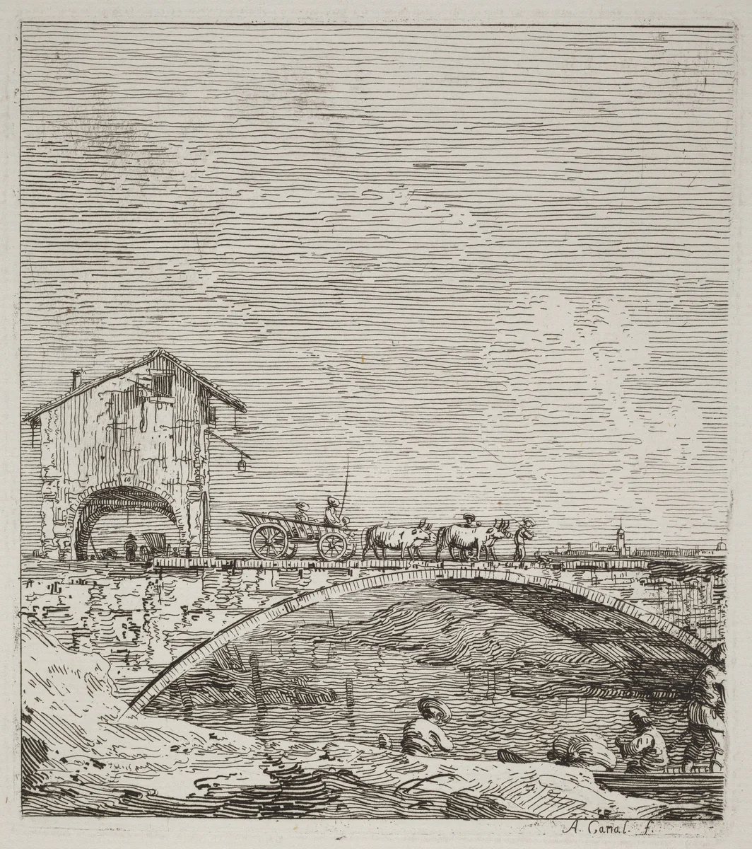 The Wagon Passing over a Bridge by Canaletto, print, 1735-1746