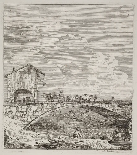 The Wagon Passing over a Bridge by Canaletto, print, 1735-1746