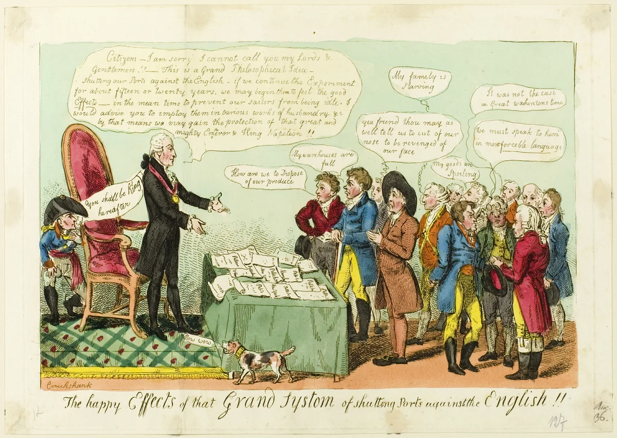 The Happy Effects of that Grand System of Shutting Ports Against the English!! by Isaac Cruikshank, print, 1808
