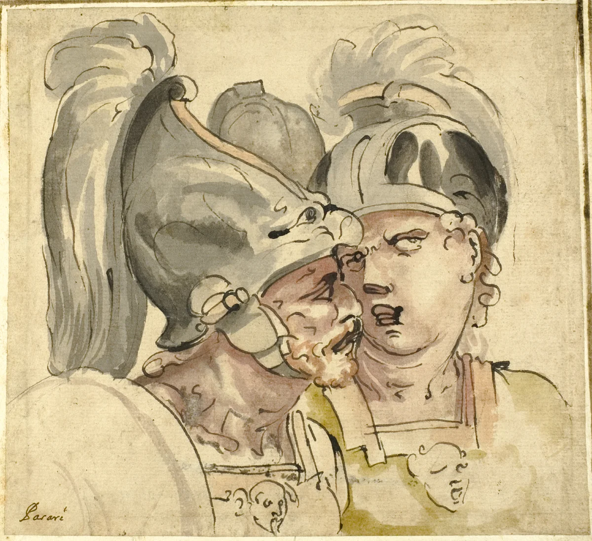 Two Helmeted Soldiers Conversing by Giuseppe Passeri, drawing, 1674-1714