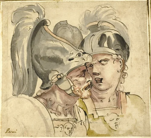 Two Helmeted Soldiers Conversing by Giuseppe Passeri, drawing, 1674-1714