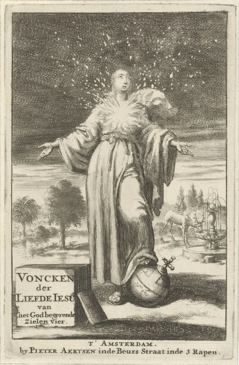Vrouw met brandende boezem blikt hemelwaarts by Jan Luyken, print, 1687
