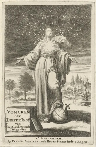 Vrouw met brandende boezem blikt hemelwaarts by Jan Luyken, print, 1687
