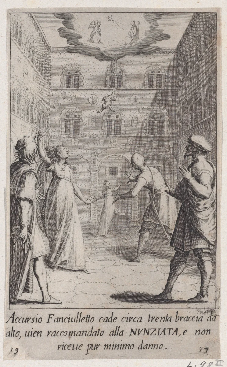 Accursio, from Scelta d'Alcuni Miracoli e Grazie della Santissima Nunziata di Firenze (Selection of Some Miracles and Graces that Occurred in the Church of the Annunziata in Florence) by Jacques Callot, print, 1611-1619
