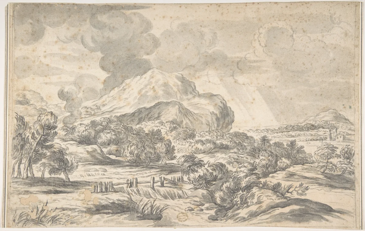 Landscape with Mountains in the Distance by Ciro Ferri, drawing, 1634-1689