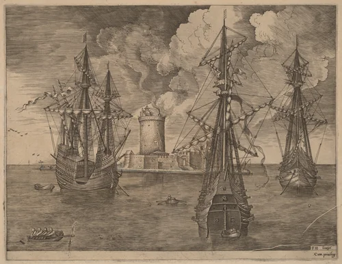 Four-Master (Left) and Two Three-Masters Ancored Near a Fortified Island with a Lighthouse by Frans Huys
Pieter Bruegel the Elder
Hieronymus Cock, print, 1565