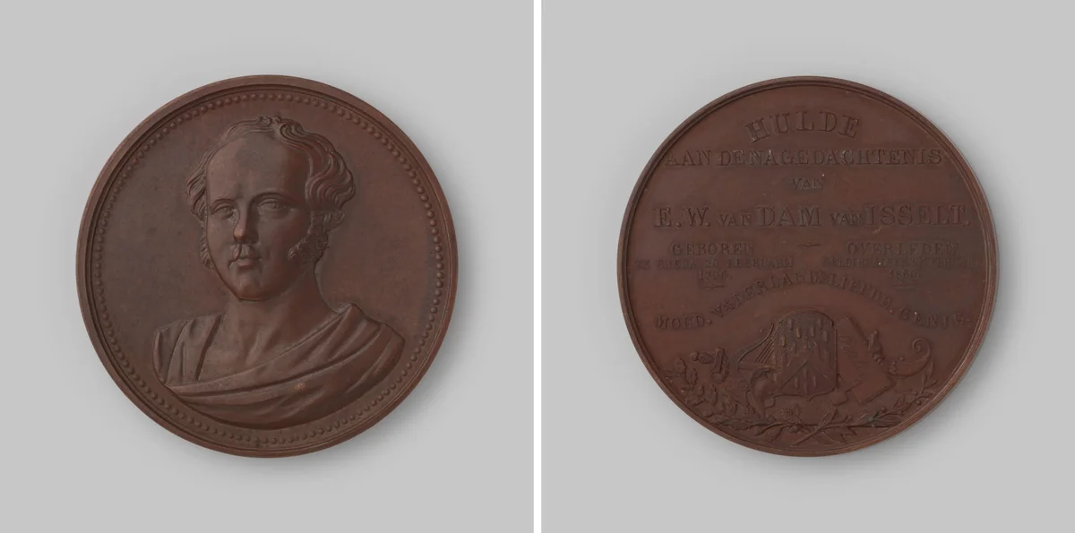 Huldepenning aan de nagedachtenis van E.W. van Dam van Isselt, oprichter van het korps Jagers van Van Dam by Wiener, metalwork, 1860