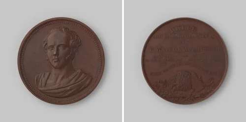 Huldepenning aan de nagedachtenis van E.W. van Dam van Isselt, oprichter van het korps Jagers van Van Dam by Wiener, metalwork, 1860